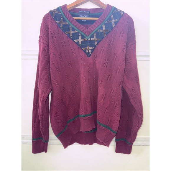 Vintage GANT Sweater Mens Large Hand Framed Cable Knit Cricket 90s V Neck Maroon - Picture 1 of 7